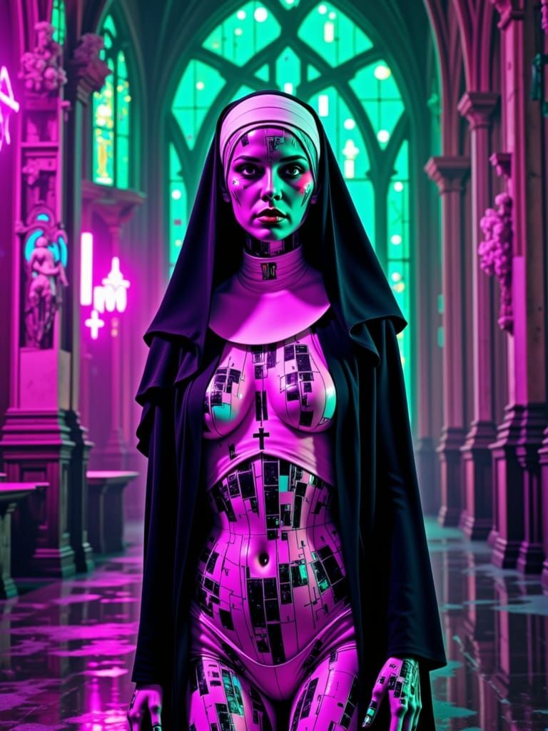 A spectral gothic cyborg voluptuous nun stands amidst a desolate, neon-lit gothic cathedral with stained glass, her face a shifting mosaic o...