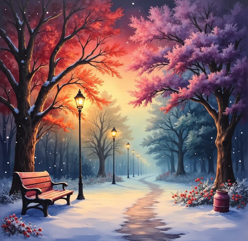 Weathered beer keg and park bench Night