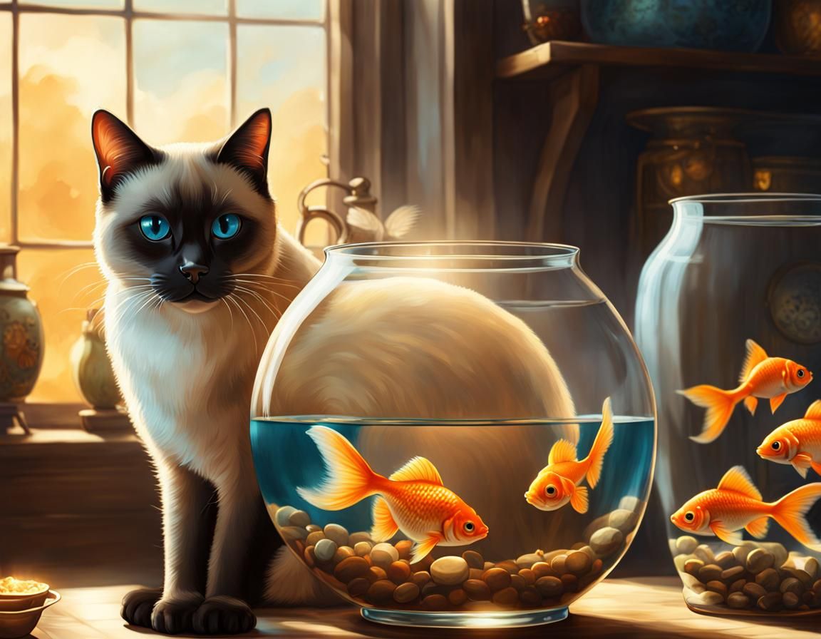 A Siamese cat watches goldfish in glass fishbowl