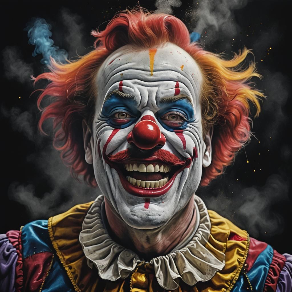 Prompt: Create a photorealistic image of a circus clown bent...