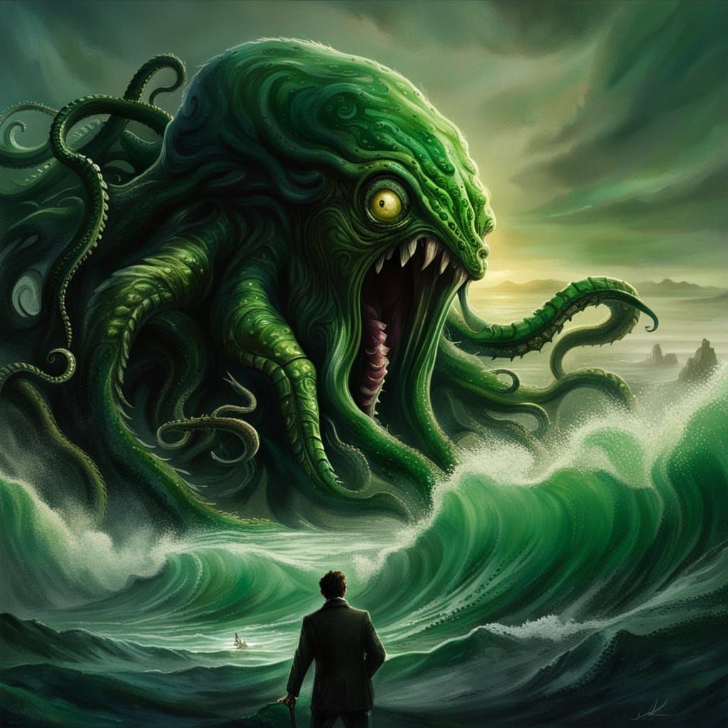 An enormous eldritch horror, inspired by Lovecraft, green and black ...