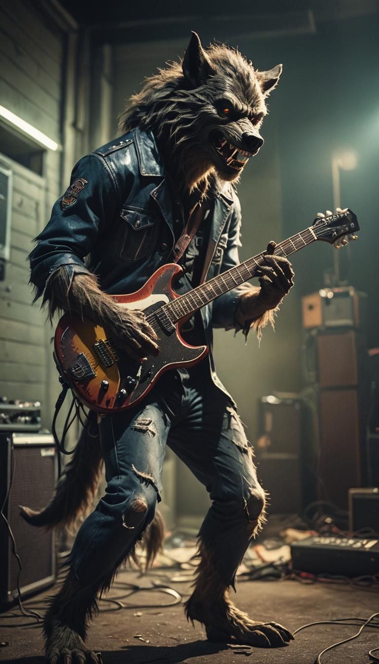 A  werewolf playing an electric guitar