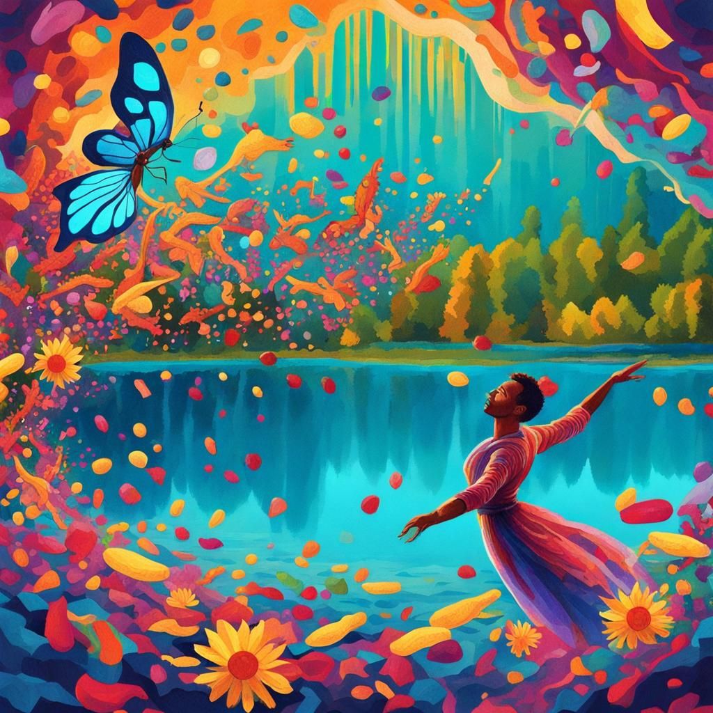 Human butterfly dancing abive a lake with crocodiles