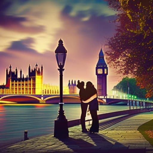 A path by the river in the city. A male proposing to a woman...