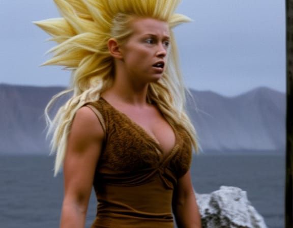A Realistic and Beautiful Super Sayayin female in a live action film frame, goku in real life, super saiyan 3, human gok...