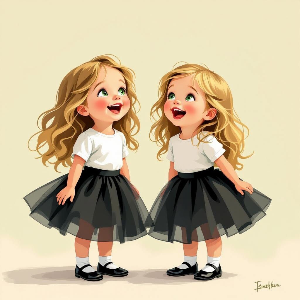 Joyful Twin Girls in Whimsical Storybook Style