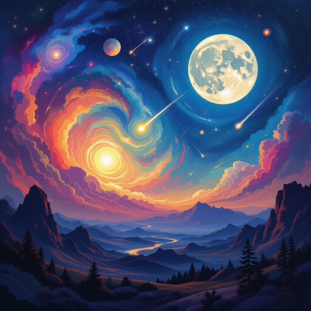 Cosmic Nebula, Moon, and Meteor Shower