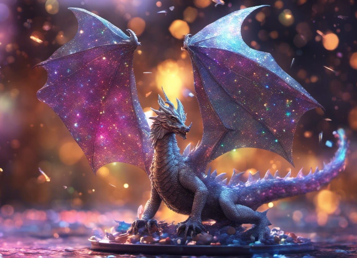 glitter dragon, bokeh, sparkle, shimmer, holographic, opal