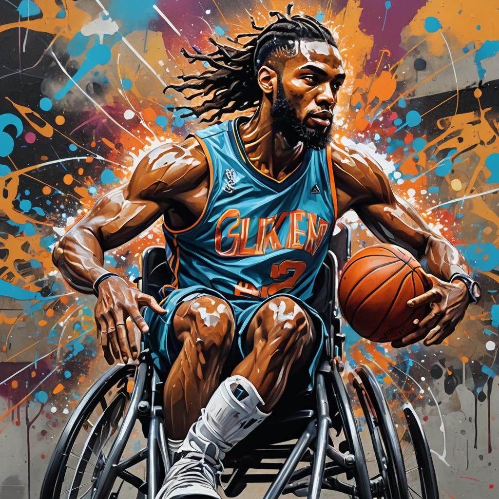 A wheelchair basketball player graffiti art, splash art, street art, spray paint, oil gouache melting, ...  by @Llama Rich