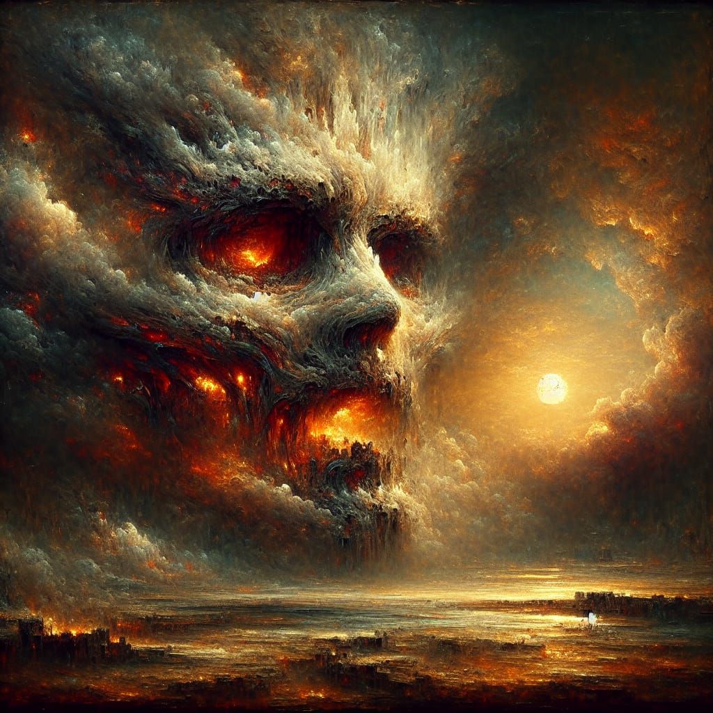  face looming ominously in a post-apocalyptic landscape  by @Michael Hendrickson
