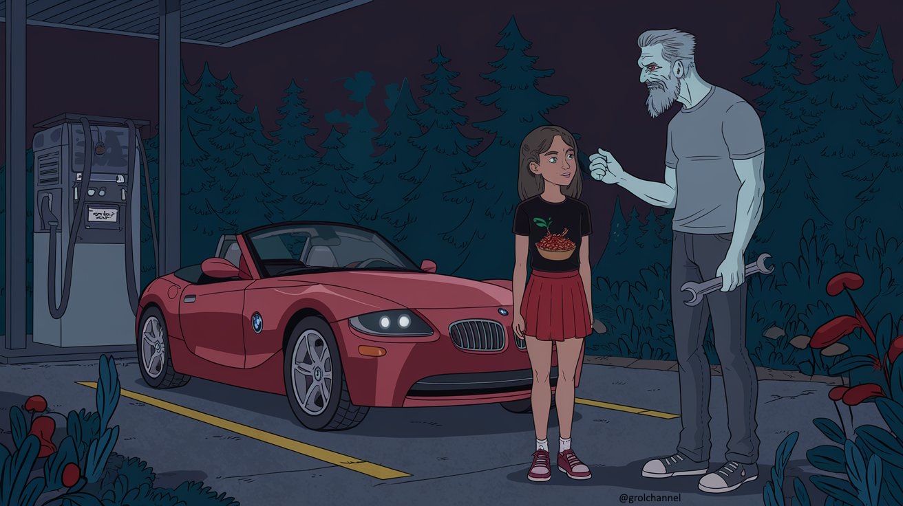 Little girl in a red BMW meets a big bad Wolf