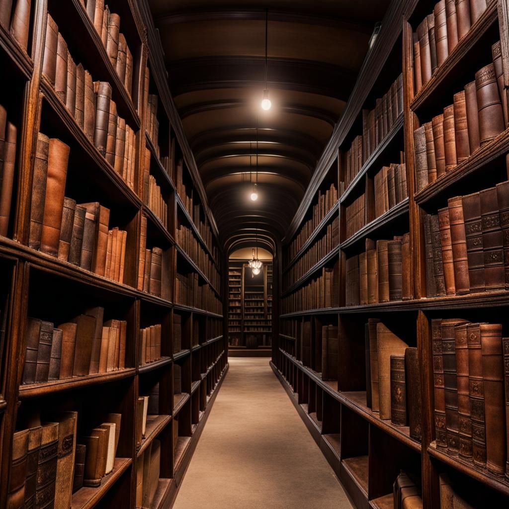 Dusty Bookshelves in Dark Library Aisle