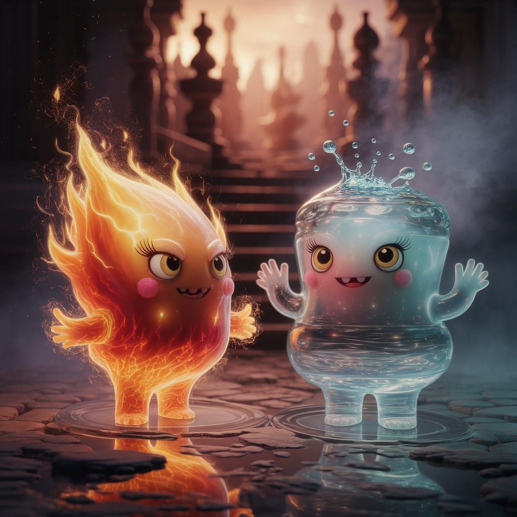 Two small, funny elemental creatures — one made of fire, the other of water. The fire elemental is glowing, with tiny sparks and a mischievo...