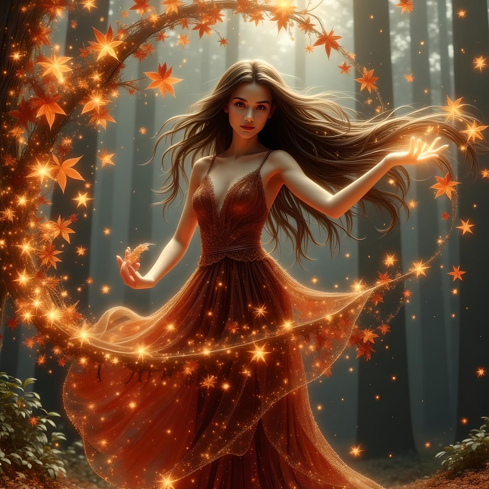 <lora:Magical Stars Flux:1.0>  A youthful, raven-haired maiden twirls with abandon, her slender form enveloped by a whirlwind of amber, crim...