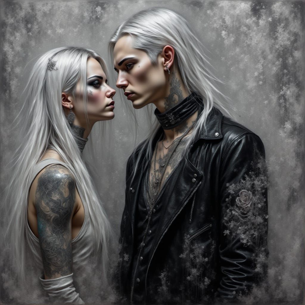 <lora:Silvery Intensity:1.0> Artistic renaissance style oil painting of a young gothic man elf with lots of artistic tattoos, standing in pr...