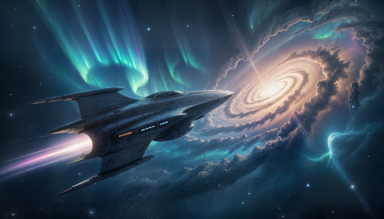 Futuristic Spacecraft Among Galactic Hues