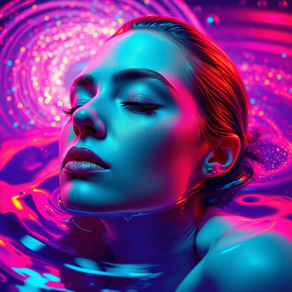 A woman's face with her eyes closed, submerged in water. The colors of the light create an atmosphere ...  by @Faea Tuulama