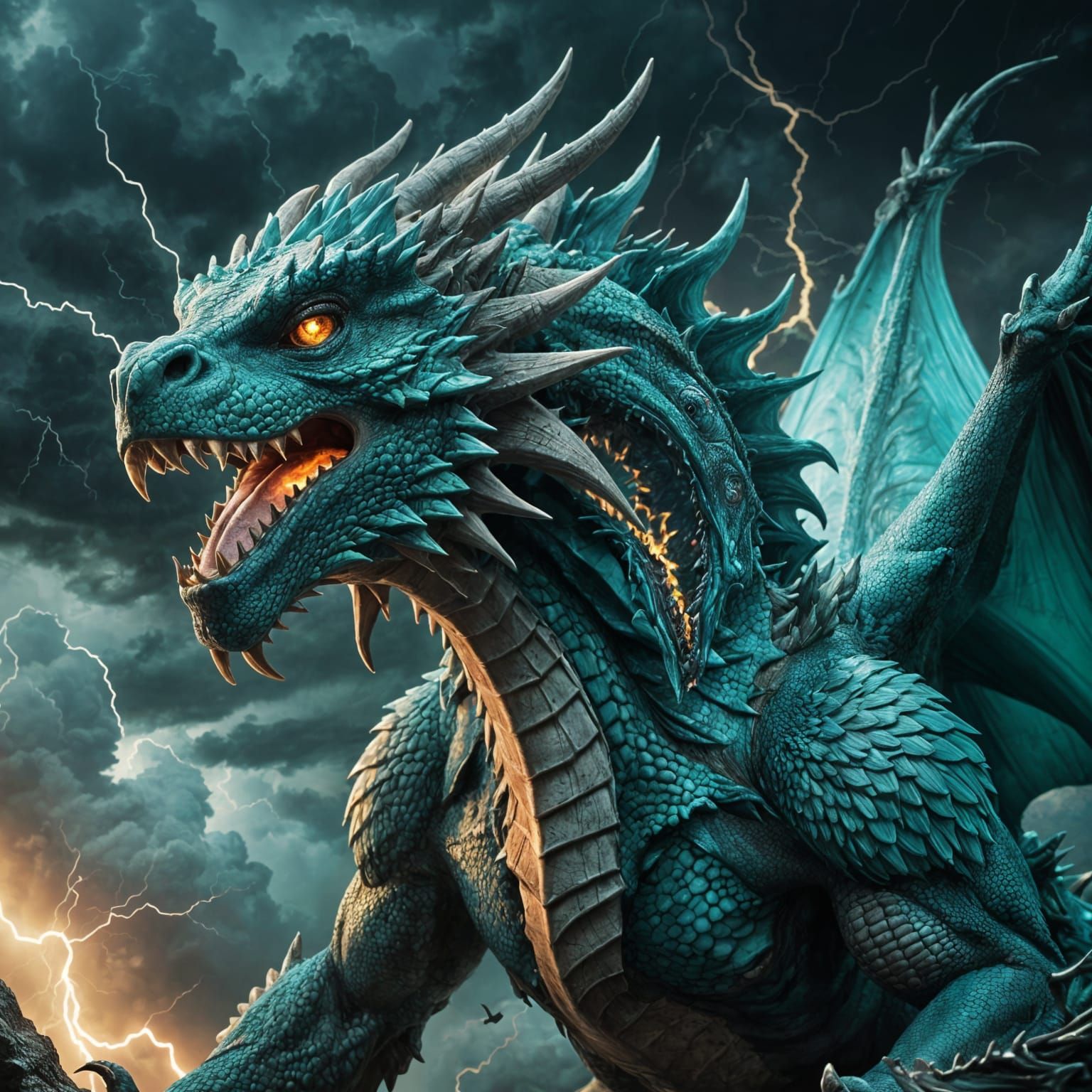 Turquoise fantasy art. A majestic turquoise dragon soars through a stormy sky, lightning illuminating ...  by @PapaOsiris