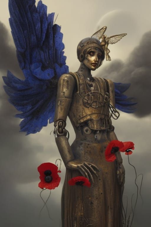 Portrait of rusty grief robotic angel