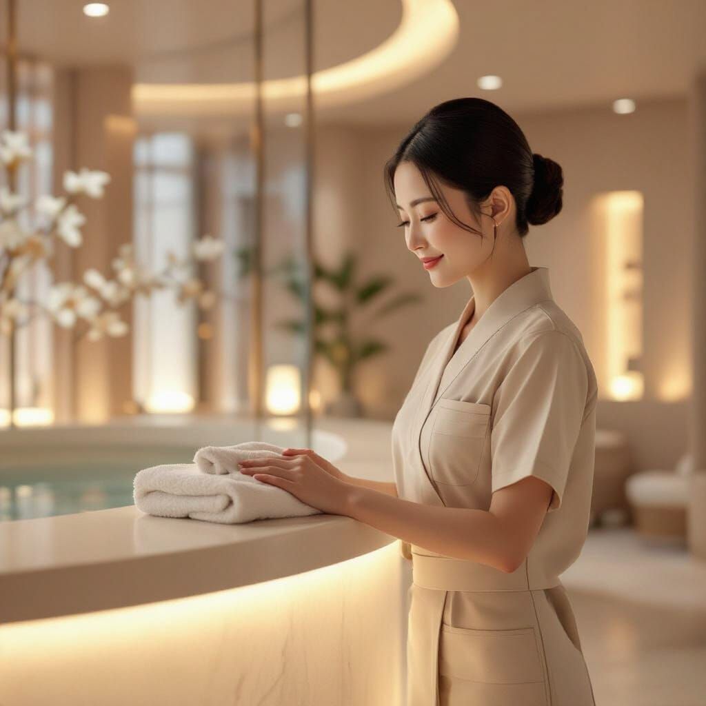 Realistic cinematic image — Japanese woman in light beige spa uniform standing at reception with a towel in her hands, bowing politely. Mode...