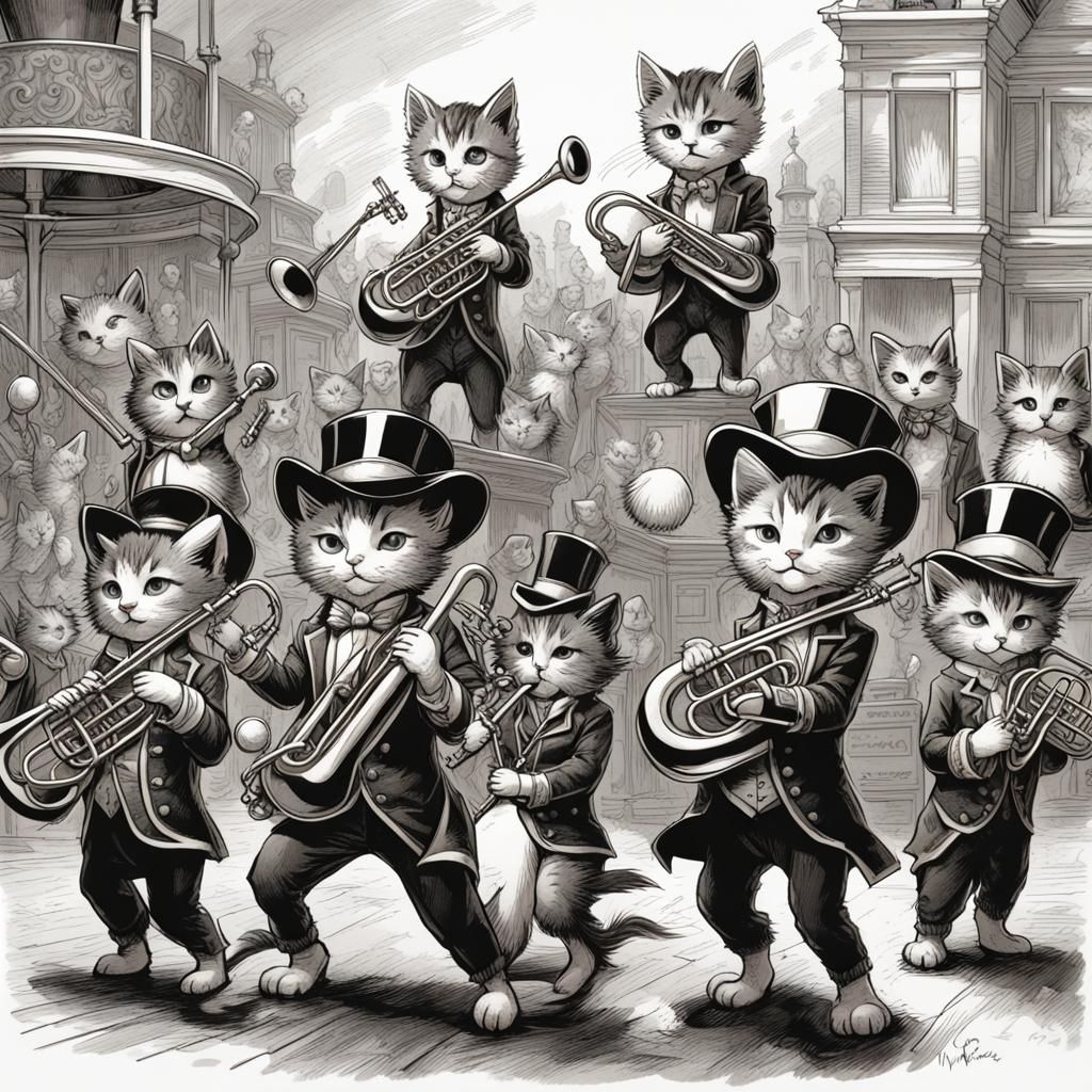 Style Of Tenniela Black And White Drawing Of A Group Of Kittens