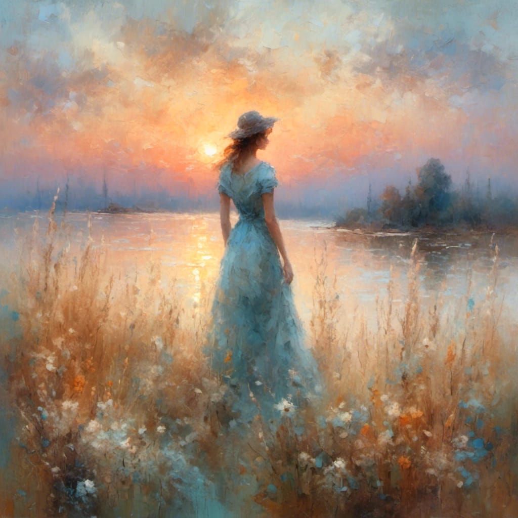  Impressionist painting, woman at sunset