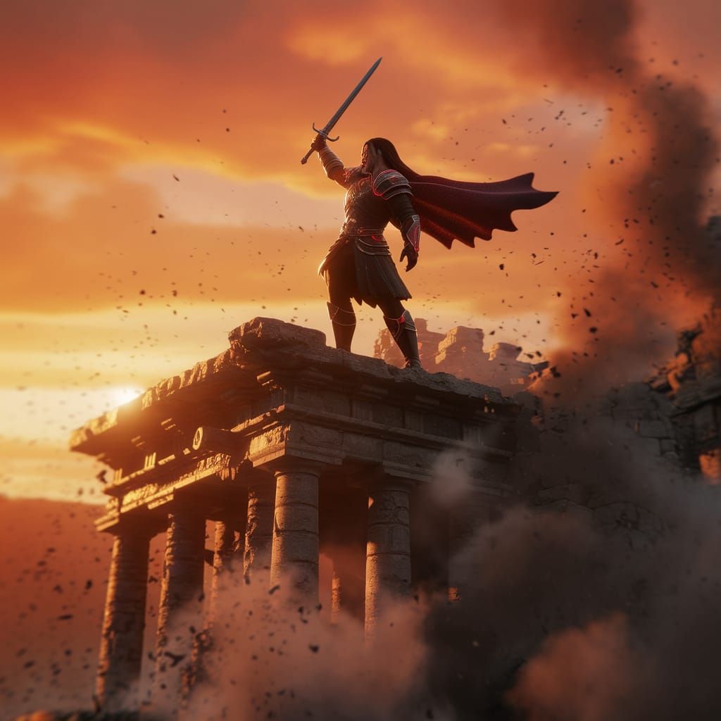 Dramatic Figure Stands Amidst Ancient Ruins in Cyberpunk Sun...