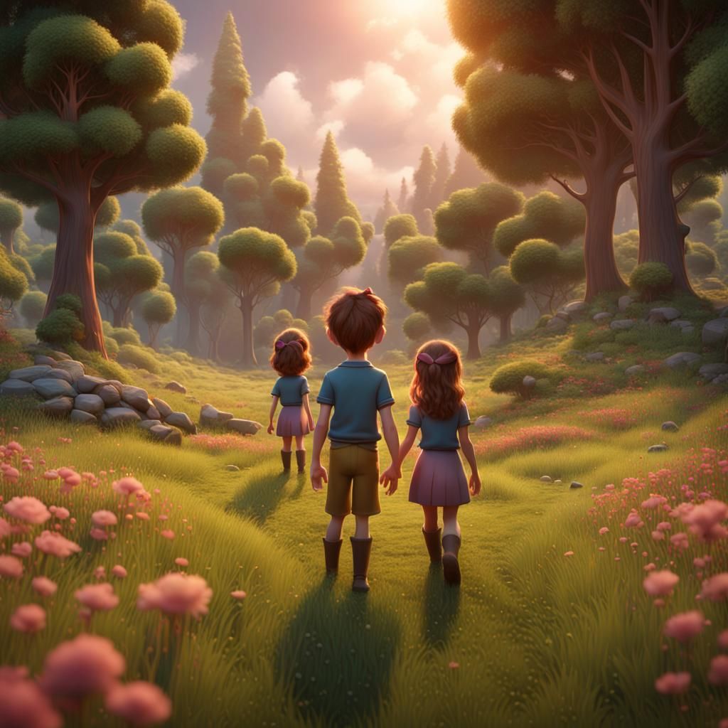 3D pixar like cartoon of a boy and two girls in the middle o...