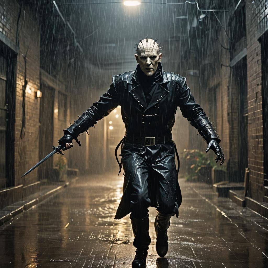 Realistic Pinhead, from the movie Hellraiser, in black leath...