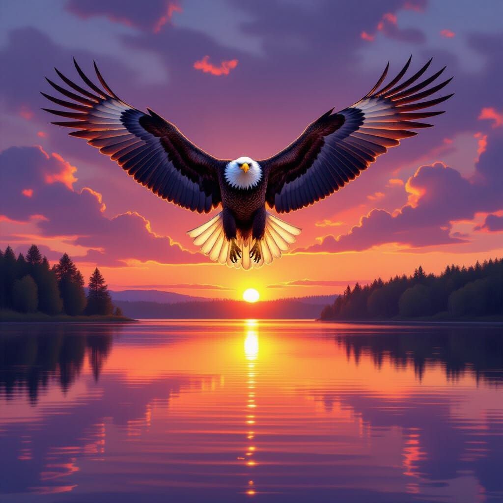 Majestic Eagle Soars Over Lake at Sunset