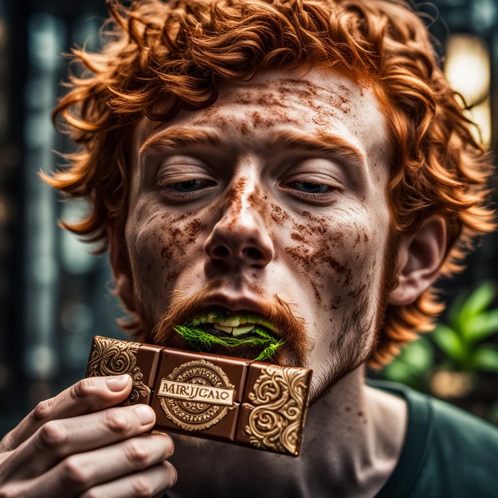 young gingerboy eating a marijiuana infused chocolate bar