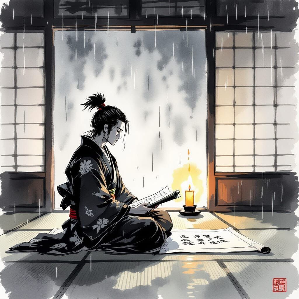 A lone samurai warrior sits cross-legged on a tatami mat inside a minimalist dojo, meditating with a scroll unfurled before him. Rain streak...