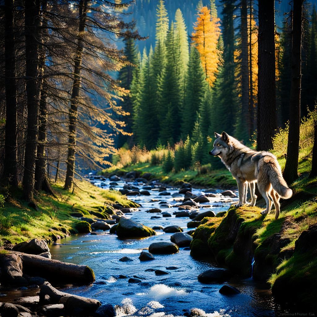 wolf, forest, stream, bright, photo  by @andrer