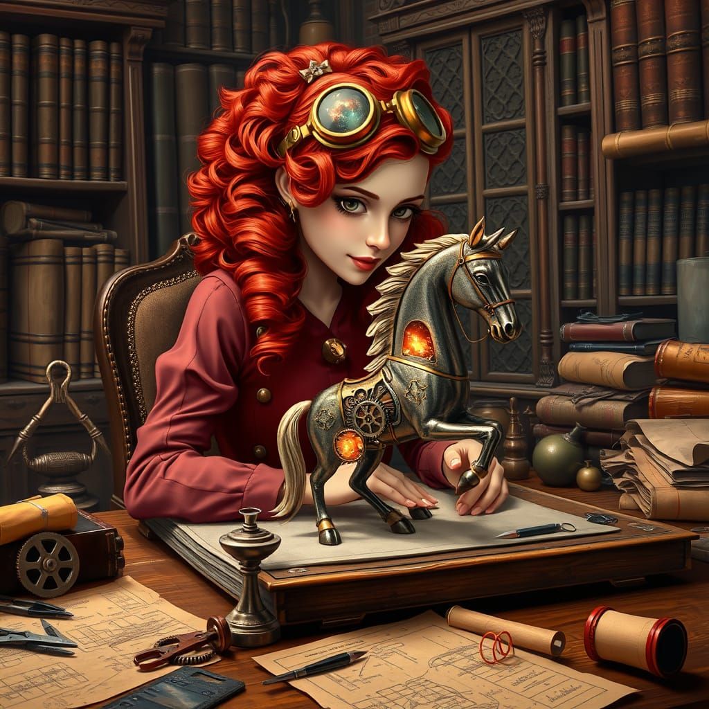 steampunk girl in her library workshop planning out the details of her steampunk creations.  by @Velvet Ion