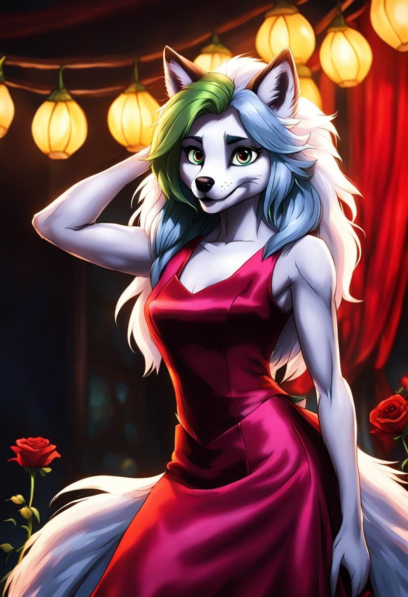 Furry character Roxanne Wolf trägt ein Kleid und in den Händen ein Rosen  Strauß - AI Generated Artwork - NightCafe Creator