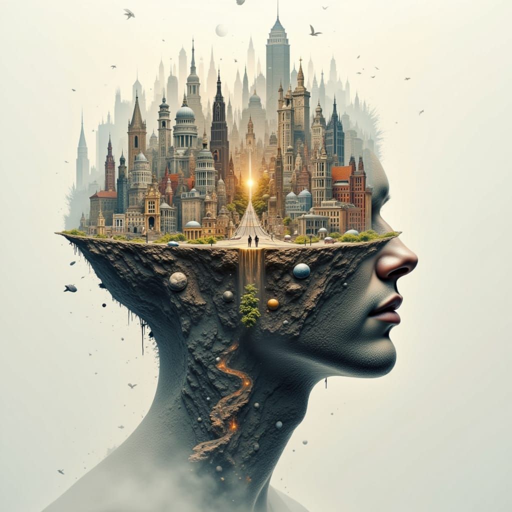 <lora:Dublex-Flux:1.0> Fantasy minimalist Double exposure of cities and kingdoms inside my mind on a split level platform of thoughts , mult...
