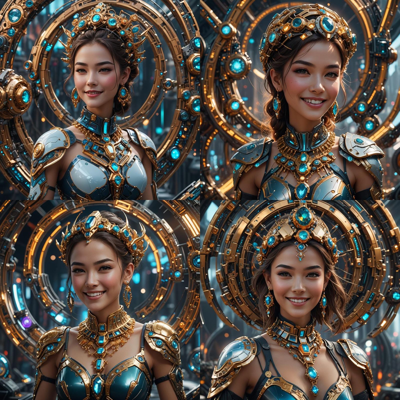 beautiful woman futuristic jewellery she smiles and happines...
