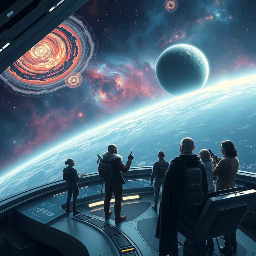 A diverse crew of explorers, each from a different alien species, gather on the bridge of a sleek, futuristic ...  by @JAYDE7