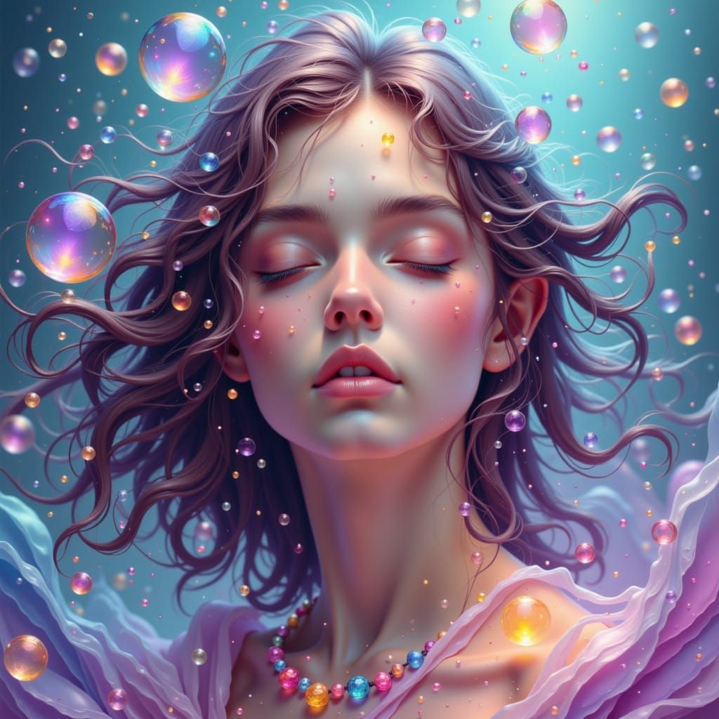 A dreamy portrait of a woman surrounded by colorful, glowing bubbles. The bubbles float gently around her, casting a soft, ethereal light up...