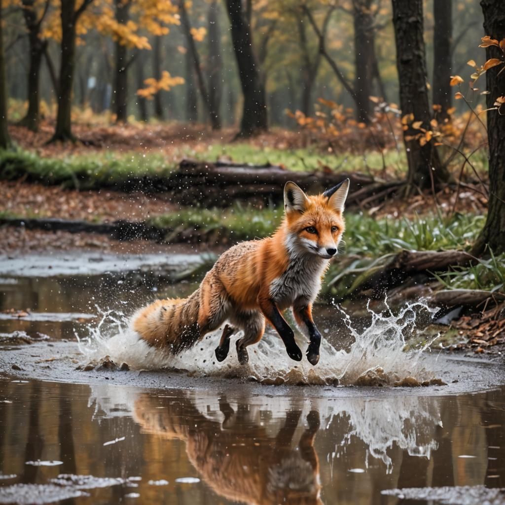 Cool fox jumping into a puddle with water splashing everywhe...