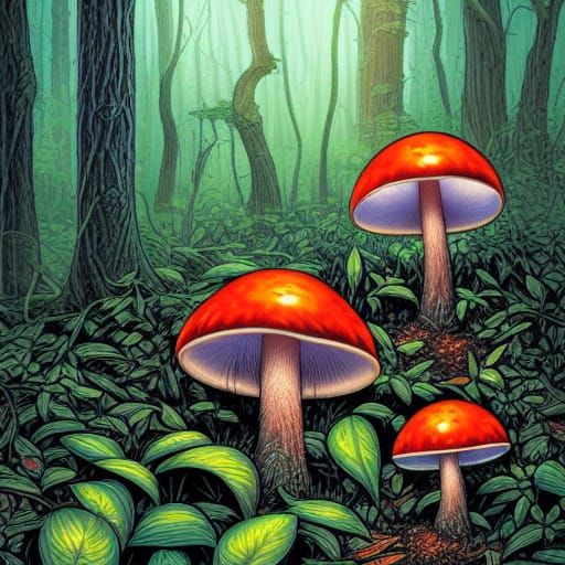 Bright mushrooms on a forest floor.