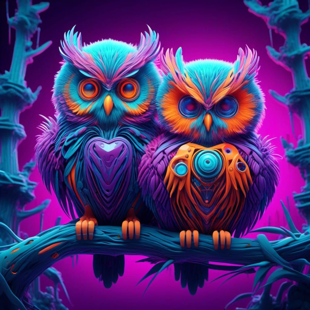 <lora:BM UV XR AW:1.0> 3 cute colorful fluffy biomechanical owls sitting on a branch. x-ray art, ultraviolet