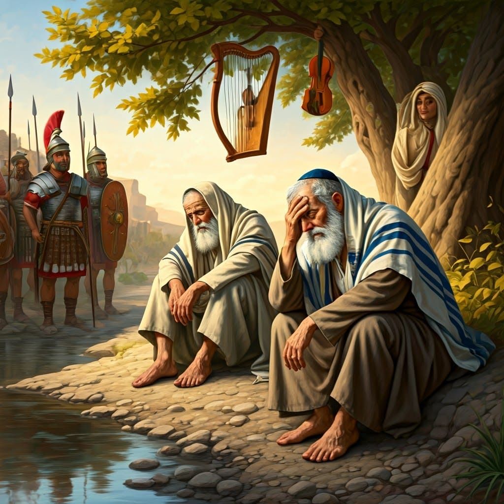 Elderly Jewish Men Reflect by a Serene River, Surrounded by....