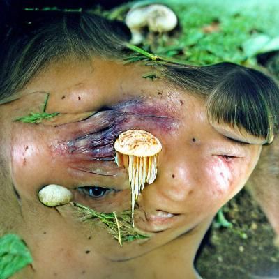 A girl infected with a parasitic mushroom