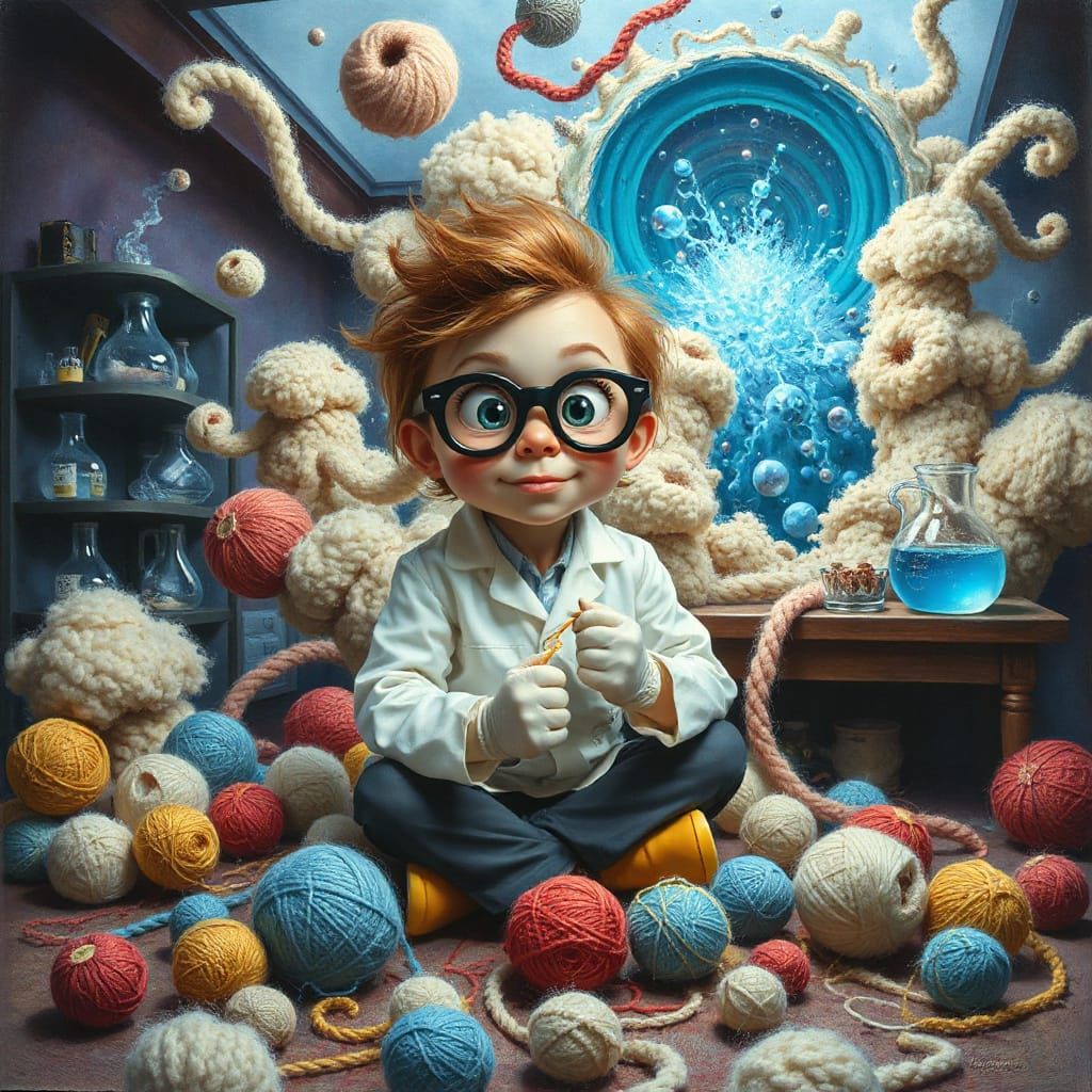 Masterpiece by Jean Baptiste Monge. Mad scientist knitting a nuclear experiment, with a wool explosion! pop surrealism . 
Warm fuzzies and b...