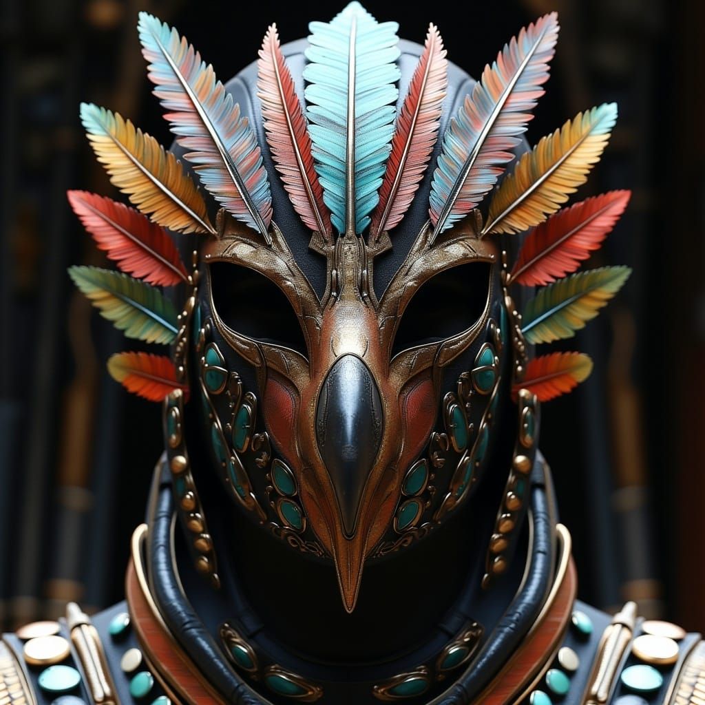 <lora:MJ6 FluxMasks:1.0> Avian Ascendant: A mask adorned with feathers and bird-like features, giving the wearer the appearance of a majesti...