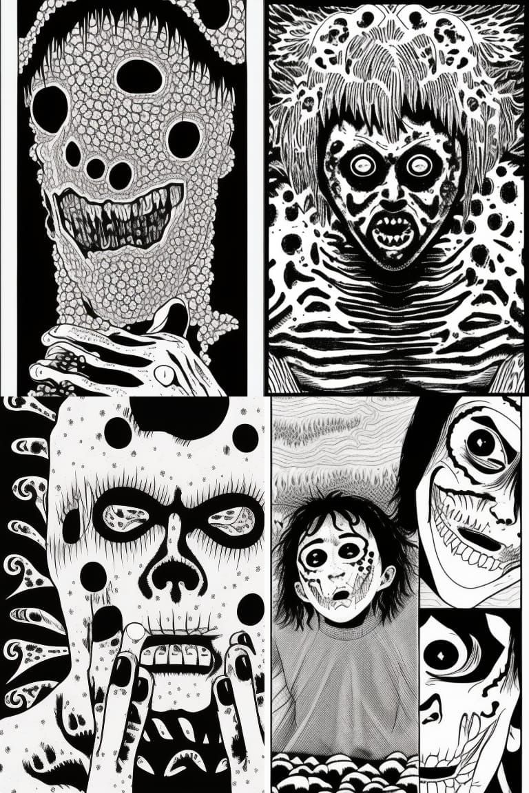 Black and white zombie slasher wearing a disgusting mask mad...