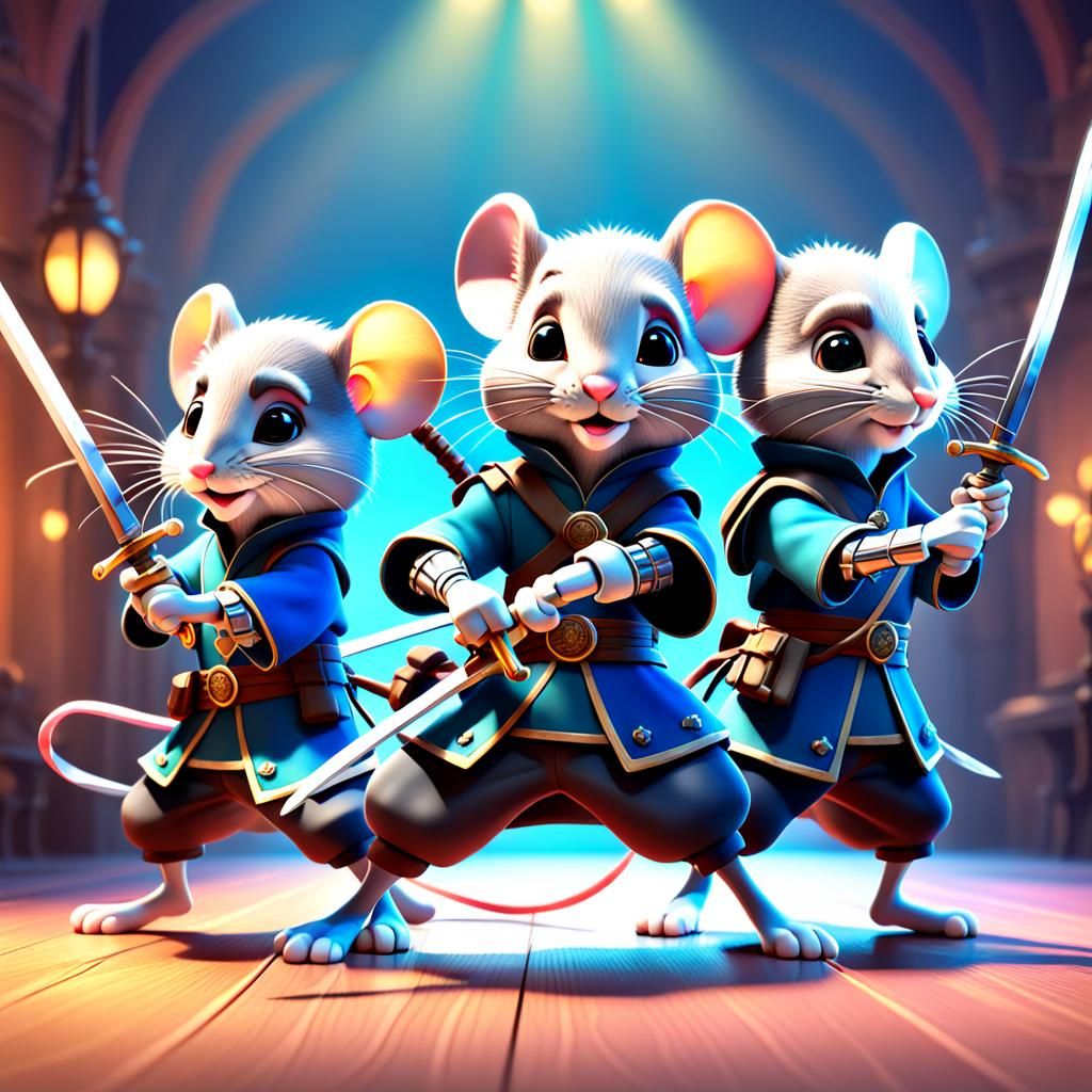 Three mice dressed as the 3 Musketeers wielding swords