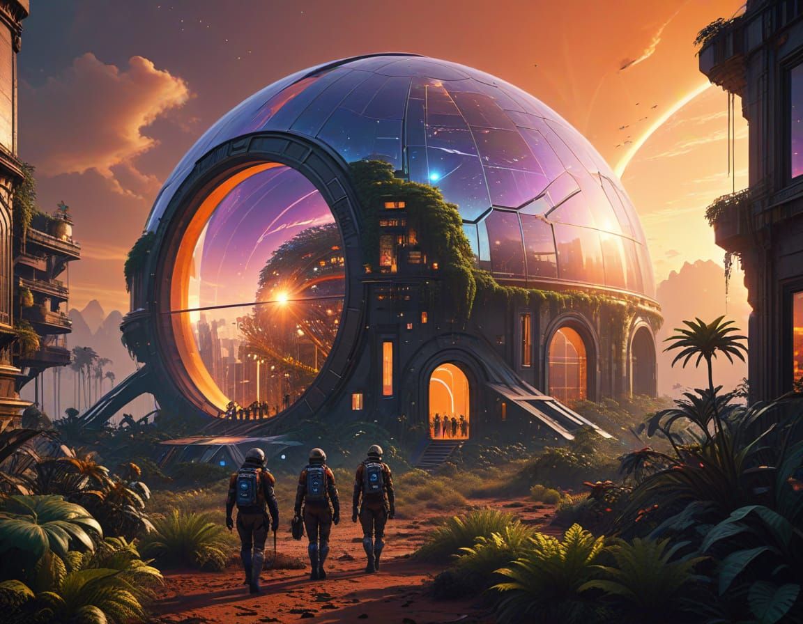 Town hall on solarpunk settlement  by @HecateWayne