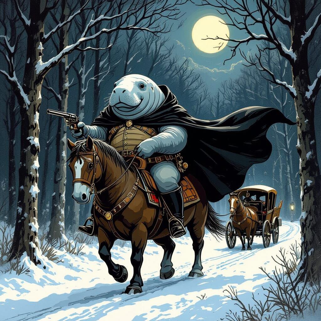 A laughing manatee dressed as a highwayman, on horseback, holding the reins with his flippers, his black cloak blowing in the wind. He is ho...